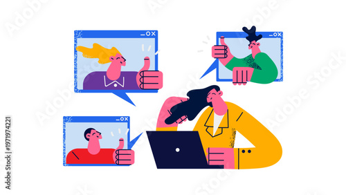 A vector graphic illustration of a woman video conferencing with colleagues online