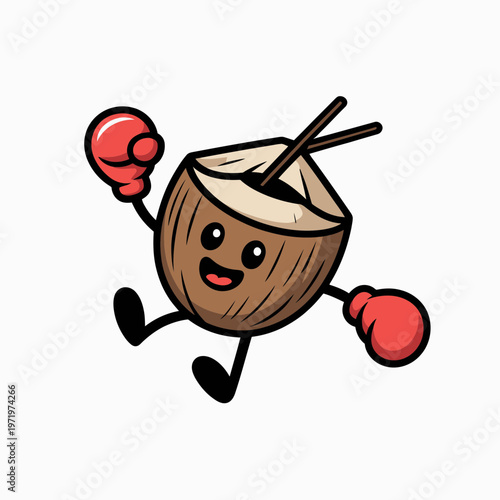 Funny cartoon coconut character wearing red boxing gloves jumping happily for sport concept design isolated on a clean white background featuring dynamic vector illustration art