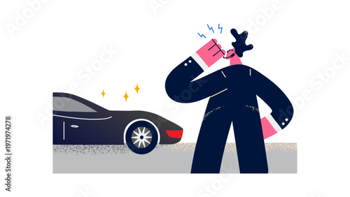 A frustrated businessman experiencing car trouble on the roadside with his briefcase