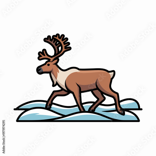 Stylized brown reindeer walking through deep snowdrifts during winter season vector illustration featuring bold outline and flat colors for holiday design projects graphics