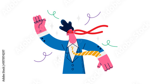A cartoon man celebrating with his arms raised in a blue suit