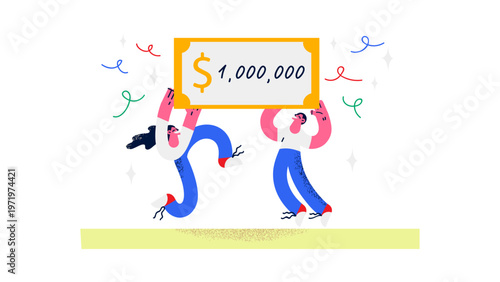 A colorful vector illustration of people celebrating with a large check