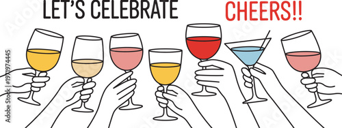 Celebration toast illustration, hands holding wine and cocktail glasses, cheers party concept, festive drinks banner, minimal line art style, editable vector