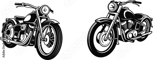Classic vintage motorcycle illustrations featuring detailed retro bikes with chrome elements and bold linework representing motorbike culture and design