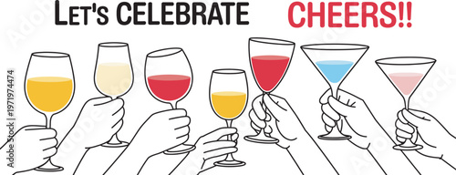 Celebration toast illustration, hands holding wine and cocktail glasses, cheers party concept, festive drinks banner, minimal line art style, editable vector