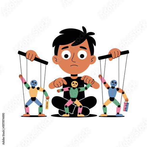 Sad young man manipulating three small colorful wooden marionette puppets with strings while sitting on the floor in a flat minimalist vector illustration style graphic