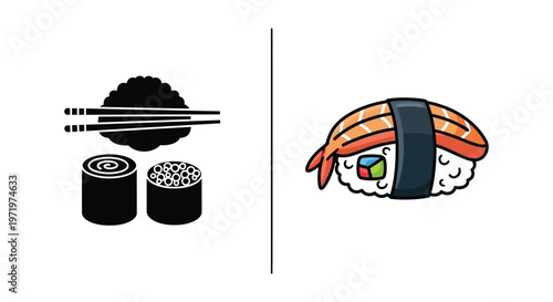 Sushi and chopsticks graphic split design with contrasting styles silhouette
