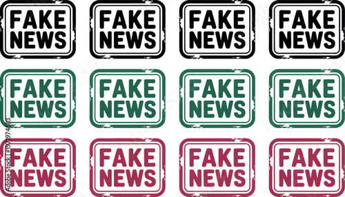 Fake news stamps in various colors on white background