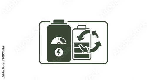 Rechargeable Battery Icon Depicting Power and Recycling on White Background.