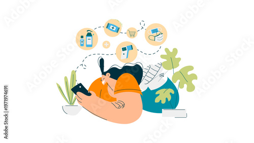 A person lying down and using a smartphone with various icons floating above