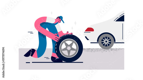 A man changing a car tire on the side of the road