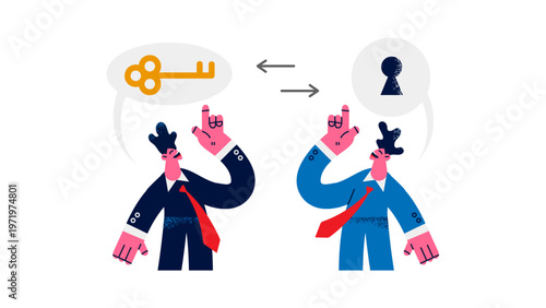 A vector graphic illustration of two businessmen exchanging a key and keyhole