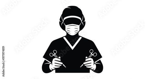 Surgeon with mask and scissors a striking black graphic silhouette