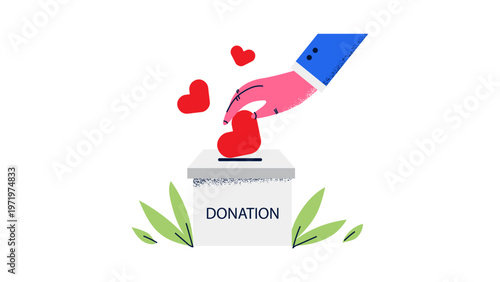 A hand putting a heart into a donation box with green leaves