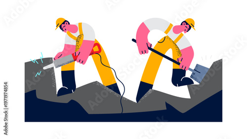 Two construction workers digging a trench with power tools