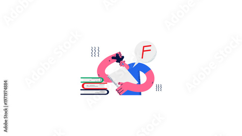 A frustrated student receiving a failing grade on an assignment with books