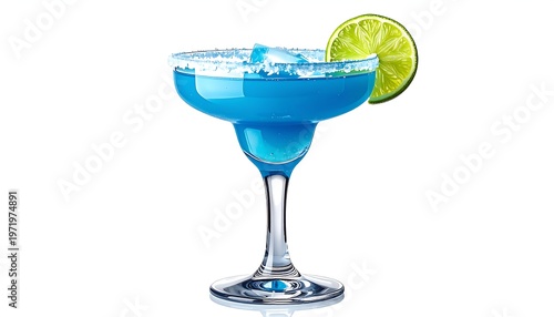 Refreshing Blue Margarita Cocktail with Lime Slice and Salted Rim.