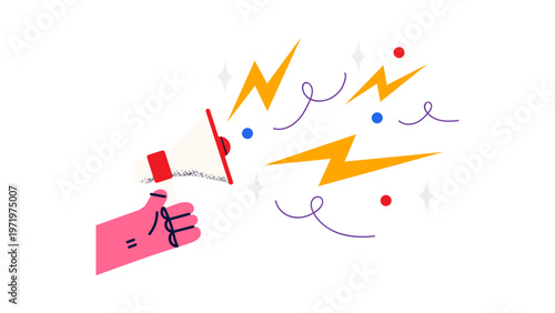 A colorful vector graphic of a hand holding a megaphone with lightning bolts and swirling lines