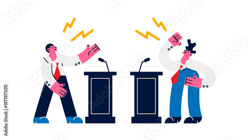 Two businessmen engaged in a heated argument at a debate podium