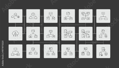 Network Topology Icons Representing Computer Network Structures.