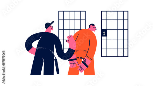 A vector graphic illustration of a police officer arresting a prisoner in front of a jail cell