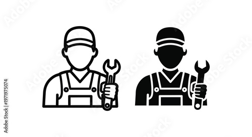 Mechanic with wrench depicted in two styles including a dark silhouette