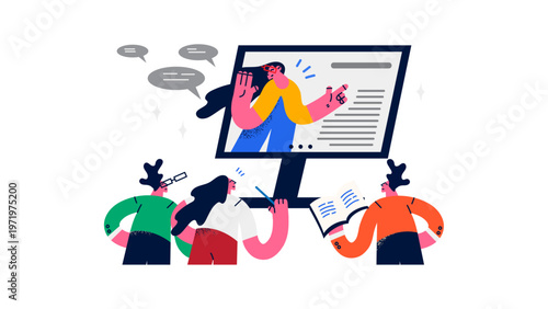 A colorful vector illustration of people discussing and interacting with a computer screen