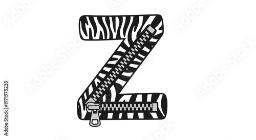 Letter Z Vector Illustration with Zebra Print and Zipper Design, Playful Alphabet Graphic for Educational Content and Creative Branding
