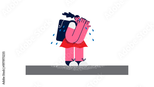 A cartoon illustration of a girl crying in the rain with a backpack