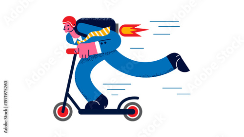A businessman riding a scooter with a rocket pack on his back
