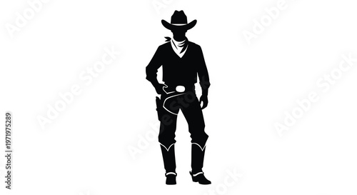 A detailed black silhouette of a cowboy standing with hands on hips