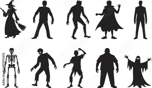Halloween silhouette characters vector set, witch zombie werewolf vampire ghost skeleton icons, spooky Halloween icons, isolated light background, editable vector graphics