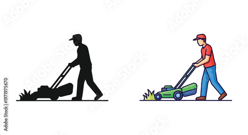 Man mowing lawn side by side comparison of color and black silhouette