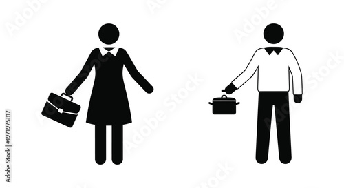 Two figures depict traditional gender roles in a stark silhouette