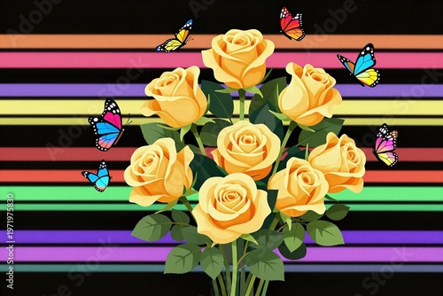 A bunch of yellow roses and butterflies on a black background