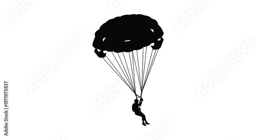 A black silhouette of a parachutist descending from the sky silhouette