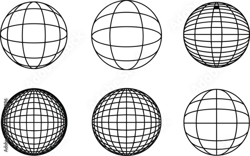 Collection of spherical grid globes showing earth structure lines symbolizing global communication navigation geography and international connectivity concepts