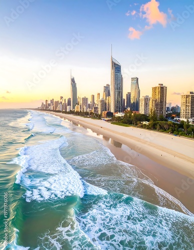 Beachside city skyline view with blue waves and golden sand at sunset under a colorful sky