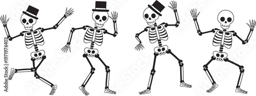 Skeleton dance vector set, funny Halloween skull characters, various poses, isolated on light background, spooky festive design, editable scalable illustration