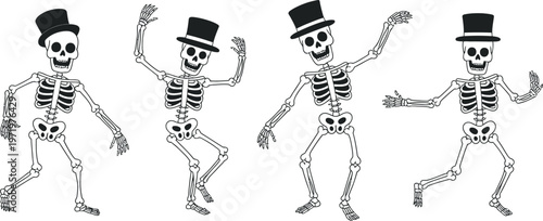 Skeleton dance vector set, funny Halloween skull characters, various poses, isolated on light background, spooky festive design, editable scalable illustration