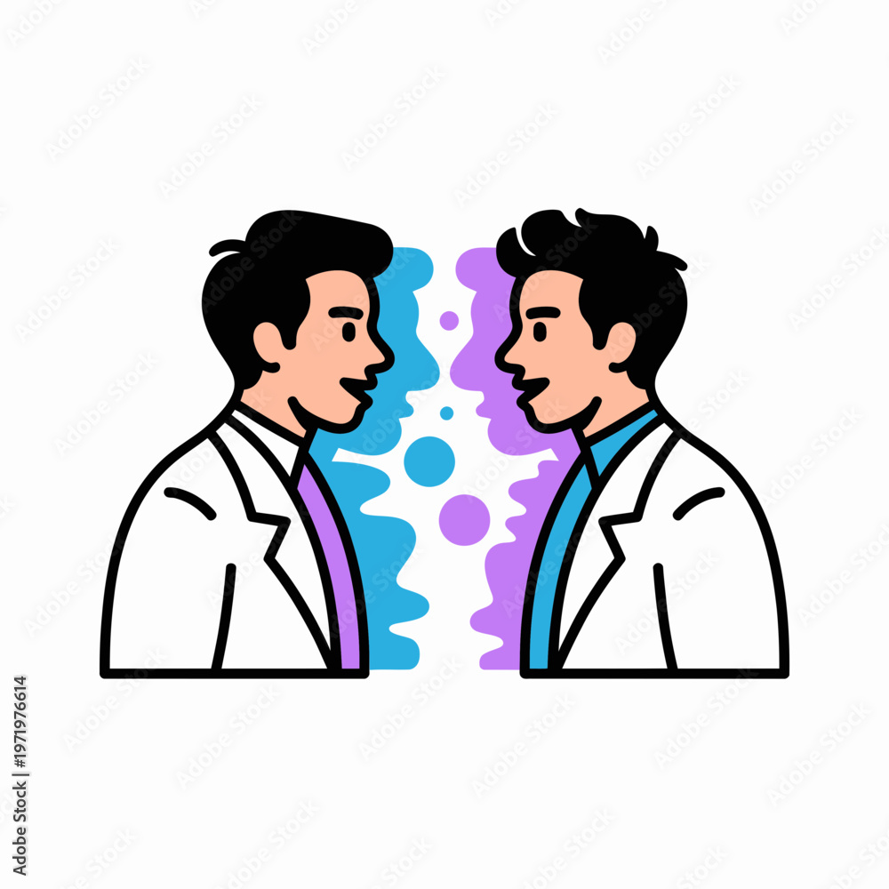 Fototapeta premium Two professional scientists in lab coats engaged in productive dialogue facing each other with abstract blue and purple speech bubble shapes on a clean white background