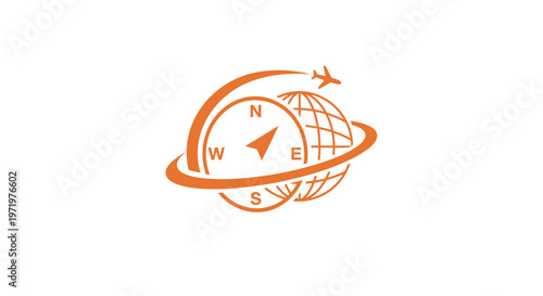 Orange Compass Globe with Airplane, Representing Travel and Navigation.