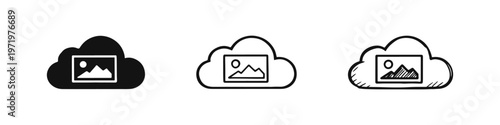 Cloud Image Storage Icon Set in Solid, Outline, and Hand-Drawn Styles