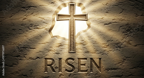 Wallpaper Mural Christian Cross and Risen Text Carved in Stone, Symbolic Easter Resurrection Light Torontodigital.ca