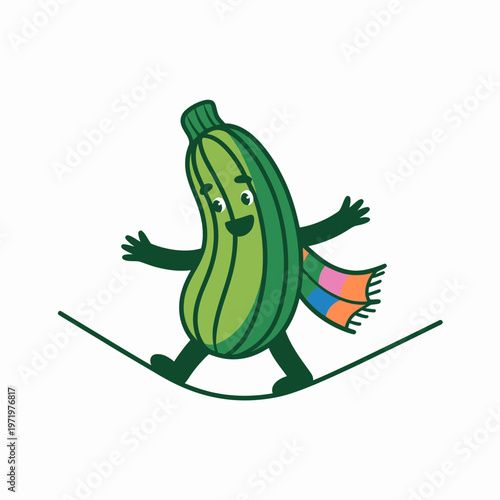 Happy cartoon zucchini character wearing a colorful scarf balancing on a tightrope wire in a whimsical vector illustration celebrating fun playful food adventure art