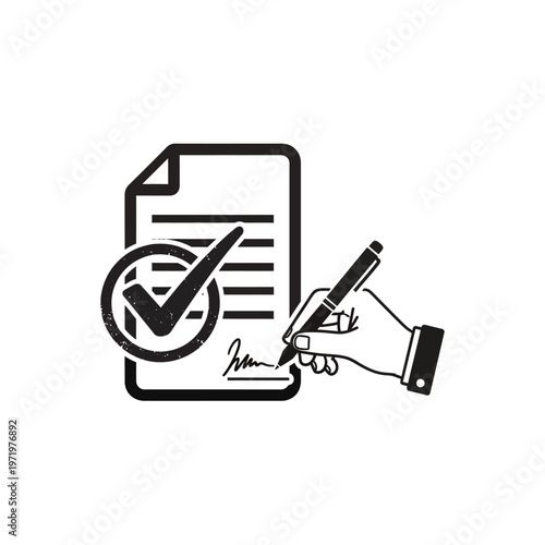 Hand signing document with checkmark icon, contract agreement concept.