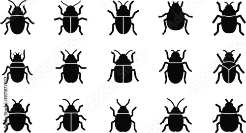 Collection of fifteen black beetle in a grid on white background insect symbol silhouette