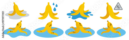 BANANA PEEL - Bright yellow skin curved on a slippery floor Flat Vector Illustration on Transparent Background