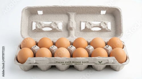 Dozen brown chicken eggs in an open recycled cardboard carton isolated on white.