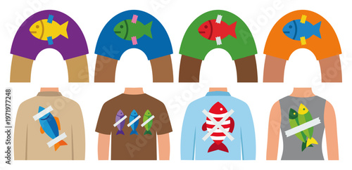 PAPER FISH - Cutout fish taped to a person's arched back Flat Vector Illustration on Transparent Background